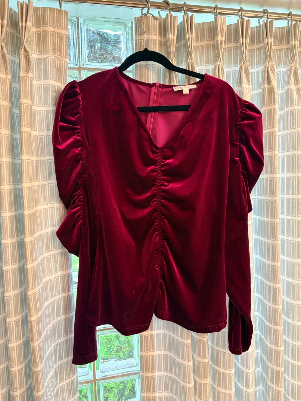 Ivy City Co Velvet Ruched V-Neck Top - Burgundy